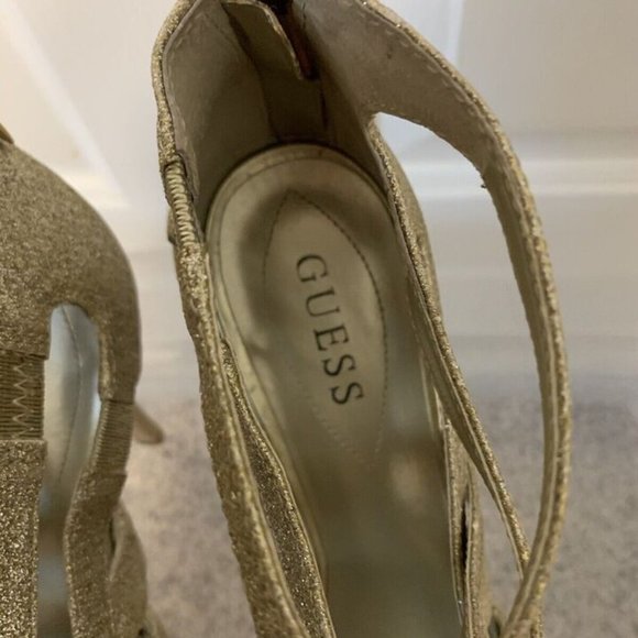 GUESS Gold Glitter Stiletto Heels Strappy 9.5 HAYLI Prom Party Ballroom Dance - Picture 3 of 9